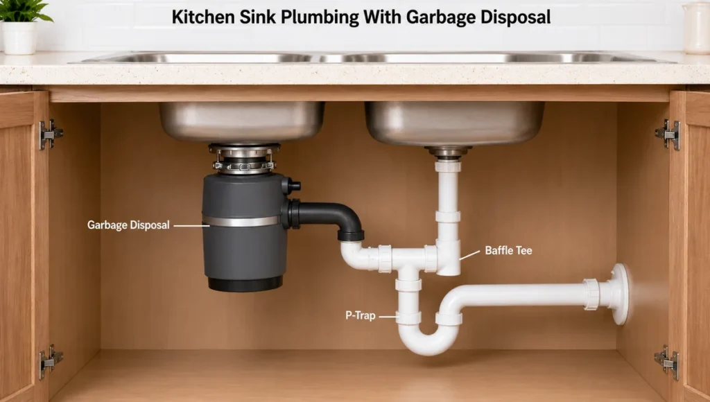 Kitchen sink plumbing with garbage disposal showing disposal unit, baffle tee, and P-trap under a double sink