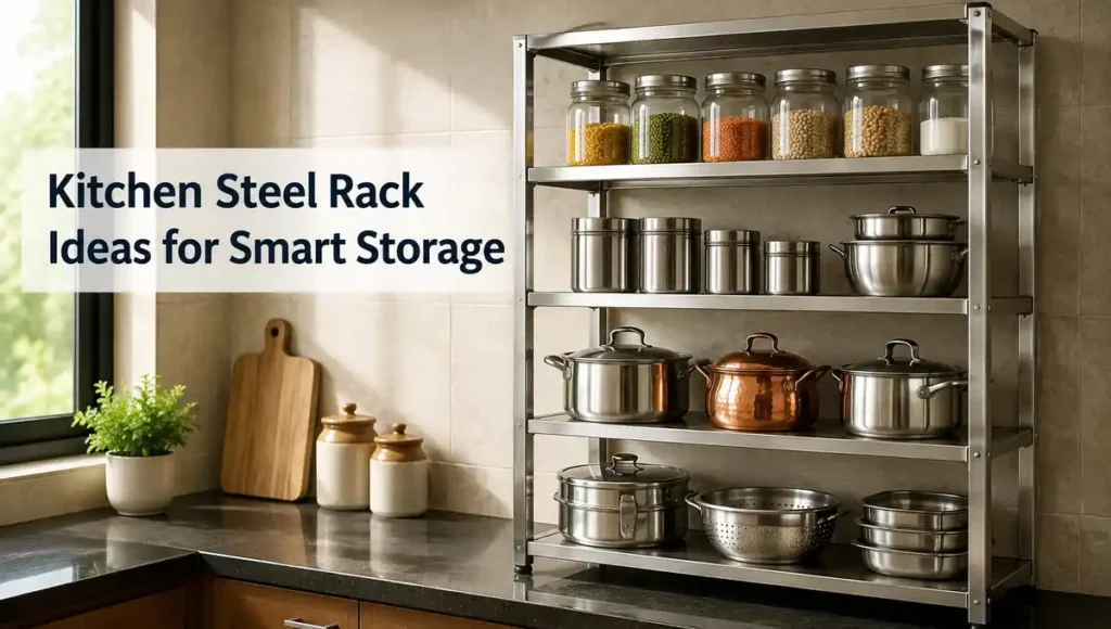 Kitchen steel rack for pots utensils and pantry storage