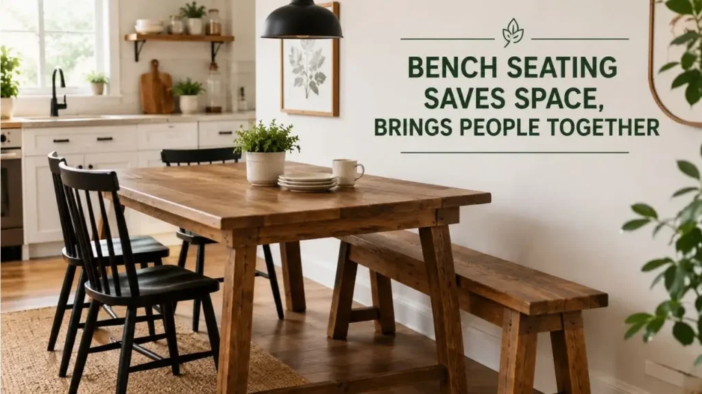 Kitchen table with a wooden bench and chairs in a space-saving dining layout