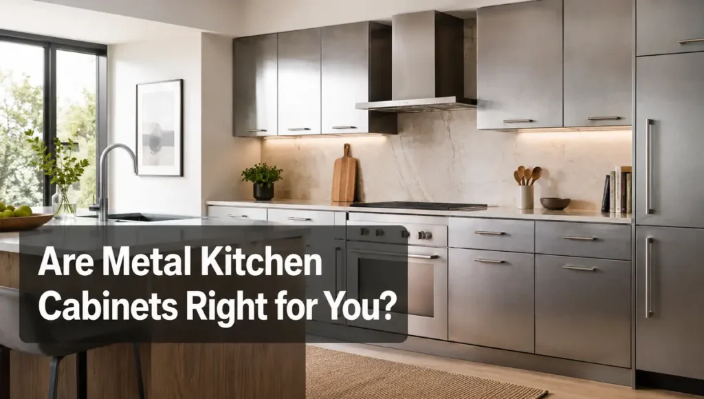 Modern metal kitchen cabinets with brushed stainless steel finish, warm wood accents, stone backsplash, and contemporary home kitchen design