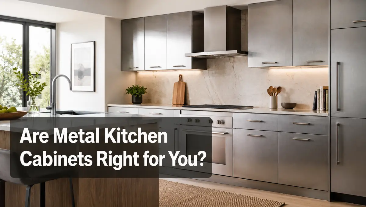 Modern metal kitchen cabinets with brushed stainless steel finish, warm wood accents, stone backsplash, and contemporary home kitchen design