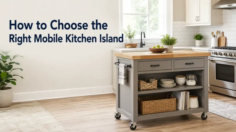 Mobile kitchen island with wheels, butcher block top, storage shelves, and drawers in a bright modern kitchen