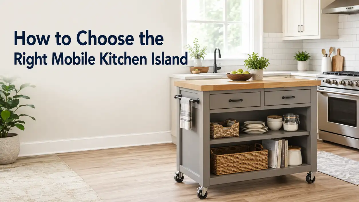 Mobile kitchen island with wheels, butcher block top, storage shelves, and drawers in a bright modern kitchen