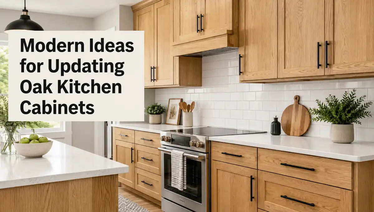 Modern oak kitchen cabinets with black hardware and white countertops