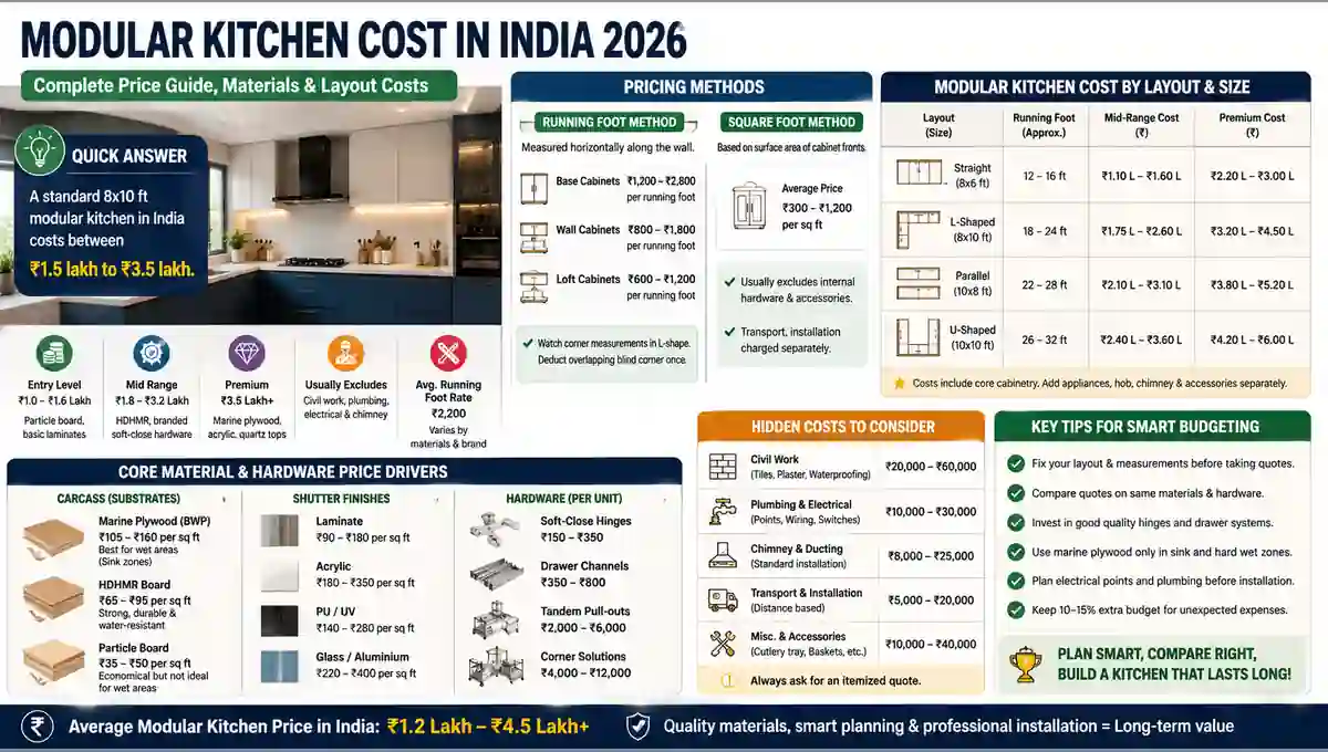 Modular kitchen cost in India 2026 with layout and material prices