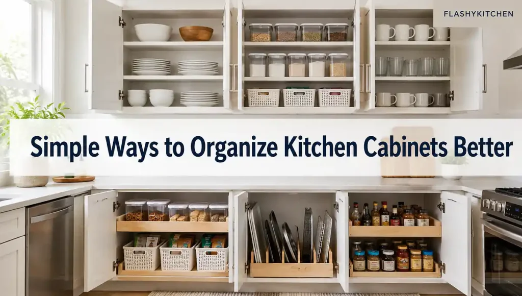 Organized kitchen cabinets with plates, mugs, pantry containers, spices, baking trays, and pull-out storage arranged for easy daily access.