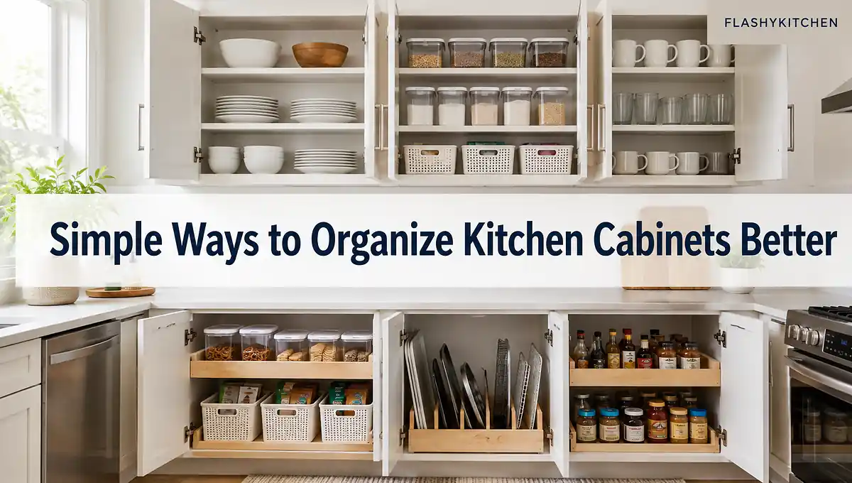 Organized kitchen cabinets with plates, mugs, pantry containers, spices, baking trays, and pull-out storage arranged for easy daily access.