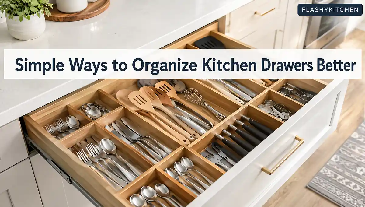Organized kitchen drawer with dividers, silverware, utensils, and cooking tools