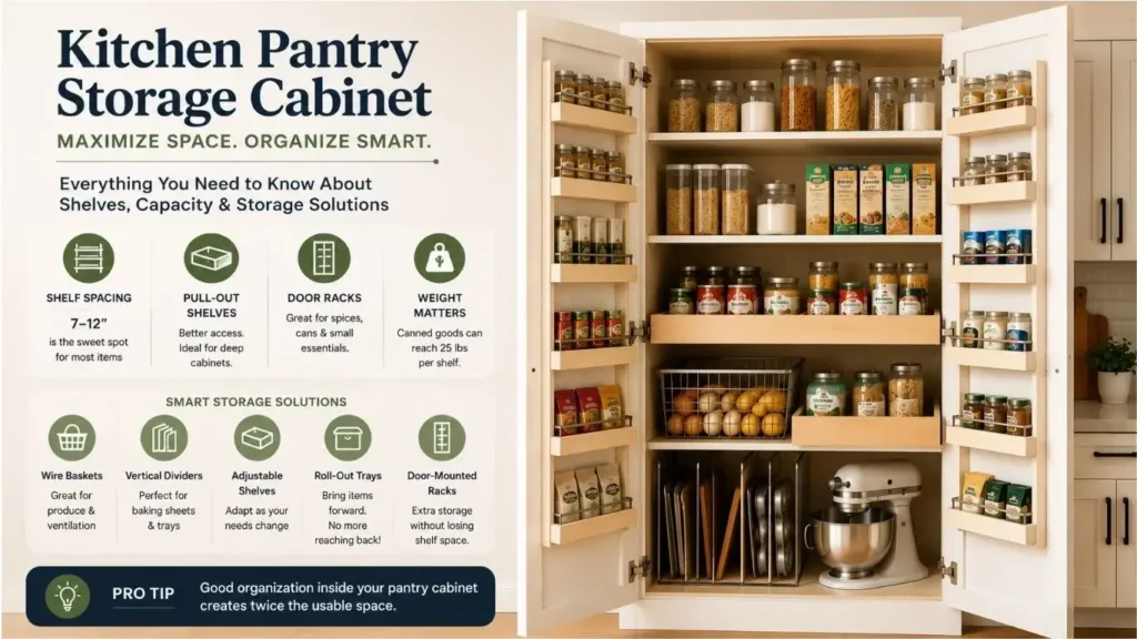 Open pantry cabinet showing adjustable shelves, roll-out tray and door rack