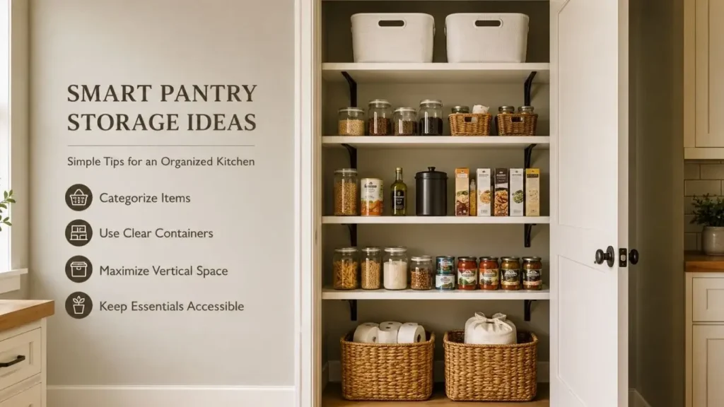 Organized pantry with heavy items low, staples at eye level, light bins on top