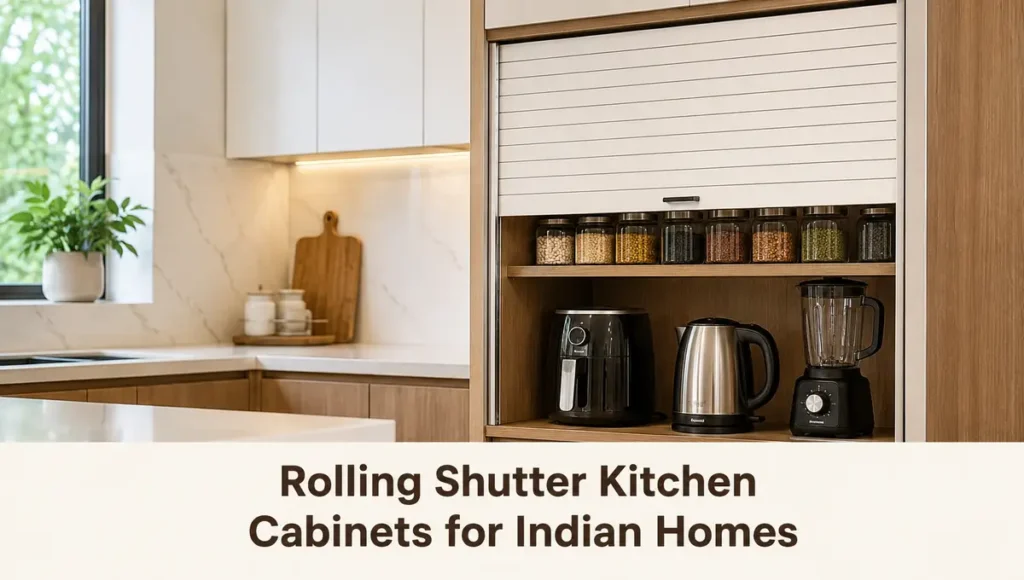 Rolling shutter kitchen cabinet for appliance storage in Indian homes
