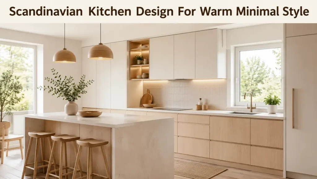 Scandinavian kitchen design with pale wood cabinets, white surfaces, warm pendant lighting and minimalist Nordic style