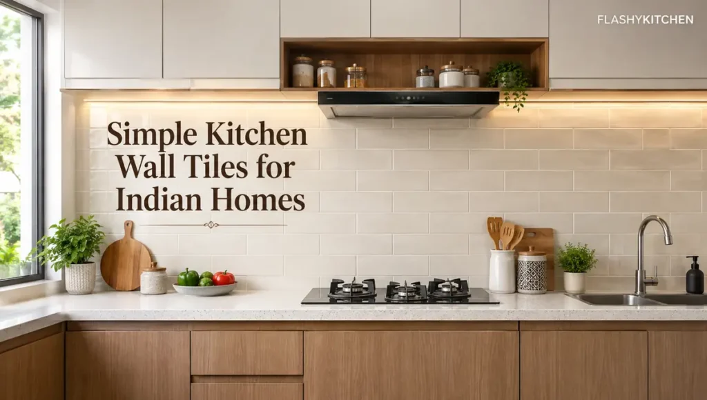 Simple kitchen wall tiles design for Indian homes with light neutral backsplash tiles