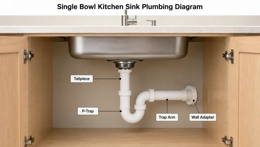 Single bowl kitchen sink plumbing diagram showing tailpiece, P-trap, trap arm, and wall adapter under a single-basin sink