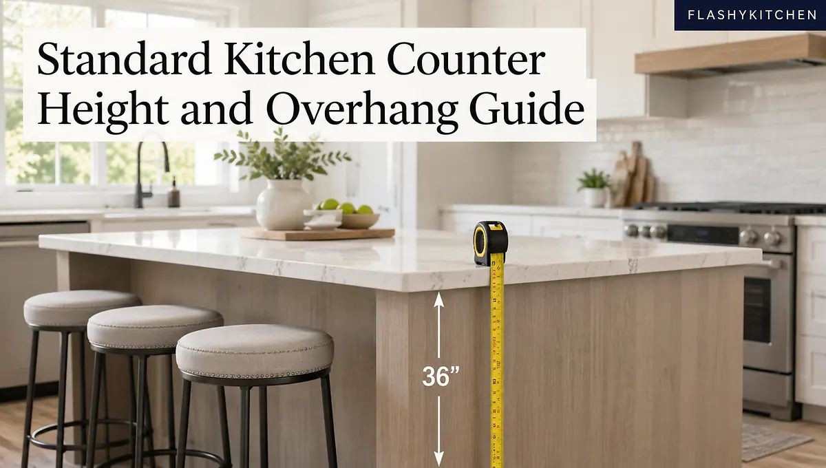 Modern kitchen island showing standard 36-inch counter height, countertop overhang, seating stools, and measurement details for proper kitchen planning.