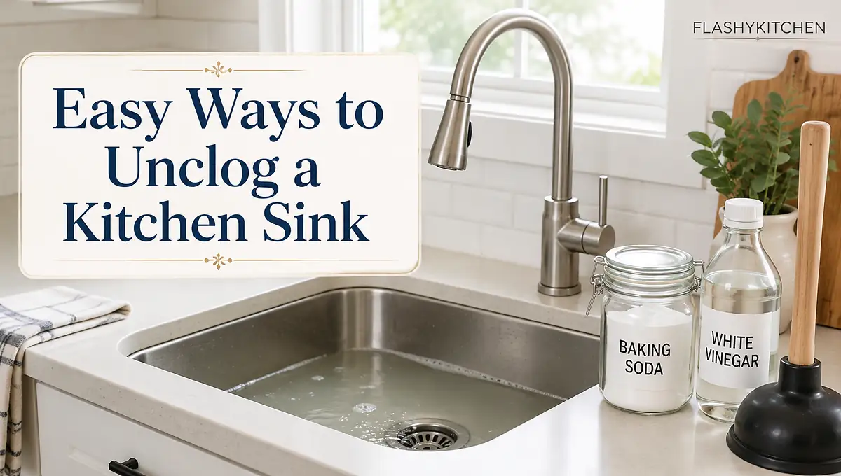 Clogged kitchen sink with baking soda, white vinegar, and plunger showing simple DIY methods to clear drain blockages safely.