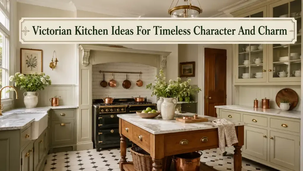 Victorian kitchen ideas with classic cabinets, marble worktable, brass accents and timeless character